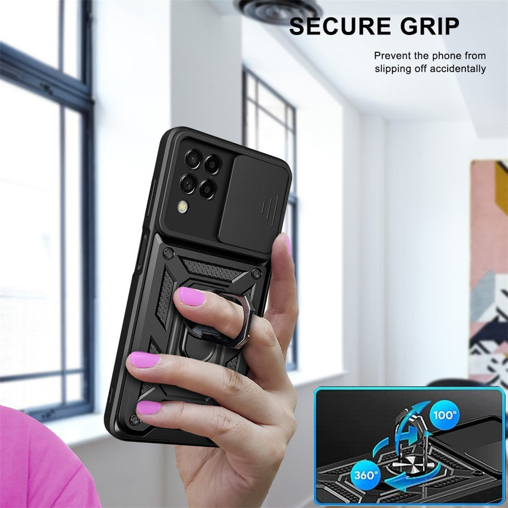 For Samsung Galaxy M53 5G Ring Kickstand Phone Case Soft TPU + Hard PC Hybrid Shockproof Protective Case with Camera Cover - Green