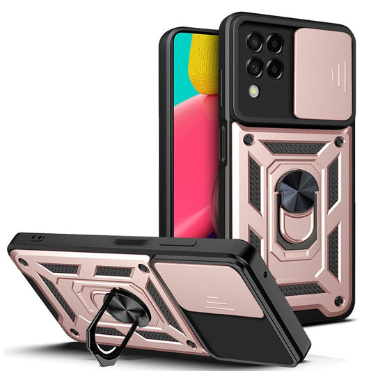 For Samsung Galaxy M53 5G Ring Kickstand Phone Case Soft TPU + Hard PC Hybrid Shockproof Protective Case with Camera Cover - Rose Gold