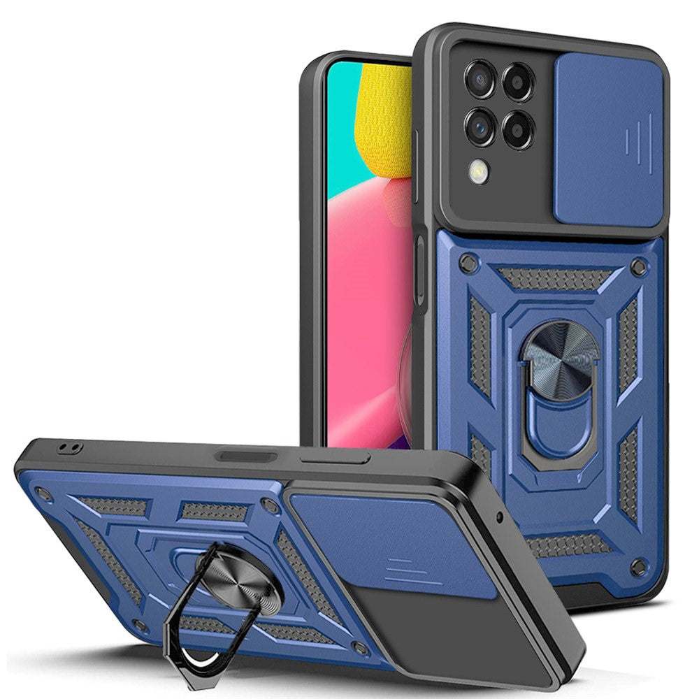 For Samsung Galaxy M53 5G Ring Kickstand Phone Case Soft TPU + Hard PC Hybrid Shockproof Protective Case with Camera Cover - Blue