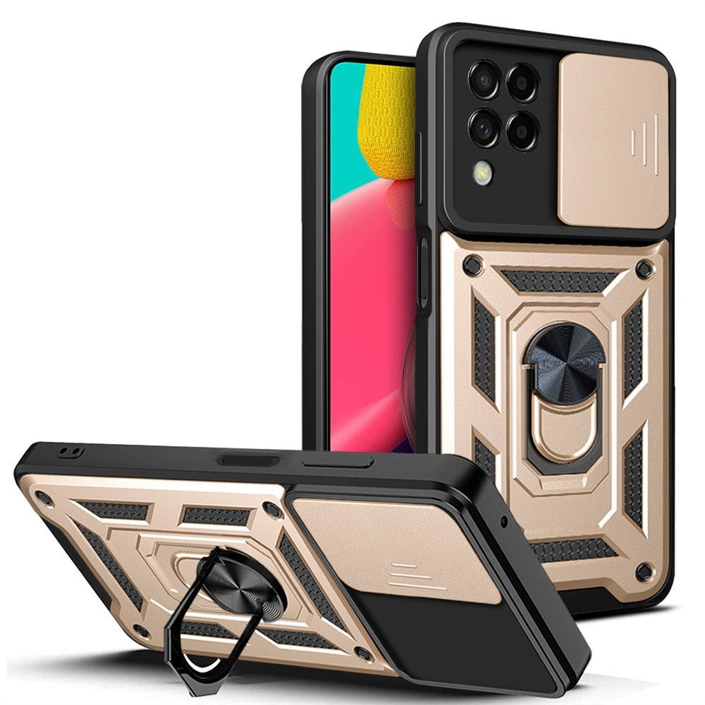 For Samsung Galaxy M53 5G Ring Kickstand Phone Case Soft TPU + Hard PC Hybrid Shockproof Protective Case with Camera Cover - Gold