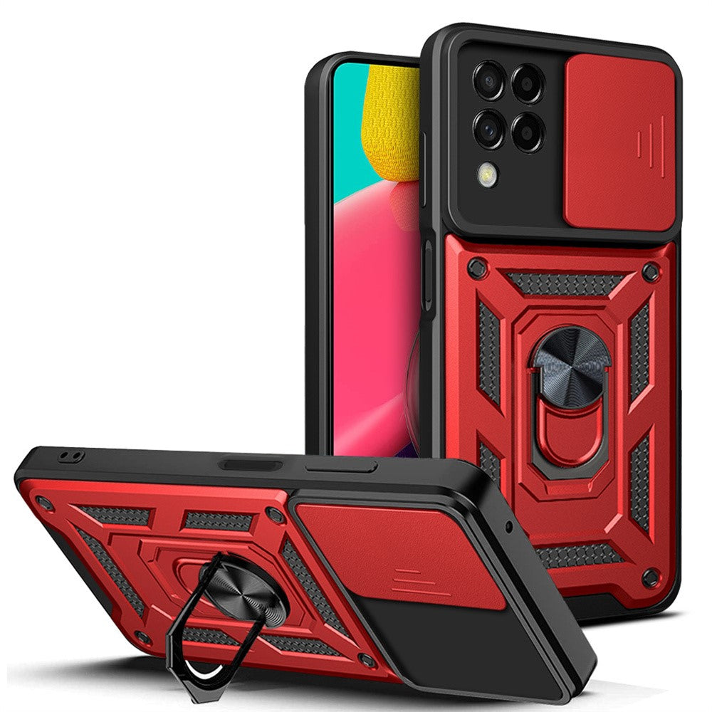 For Samsung Galaxy M53 5G Ring Kickstand Phone Case Soft TPU + Hard PC Hybrid Shockproof Protective Case with Camera Cover - Red