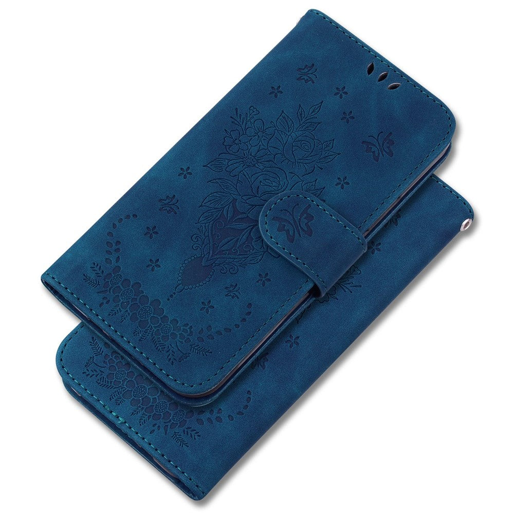 For Samsung Galaxy M33 5G (Global Version) Anti-scratch Phone Cover Imprinting Roses Butterflies Pattern Shockproof Leather Phone Case Wallet Stand - Blue