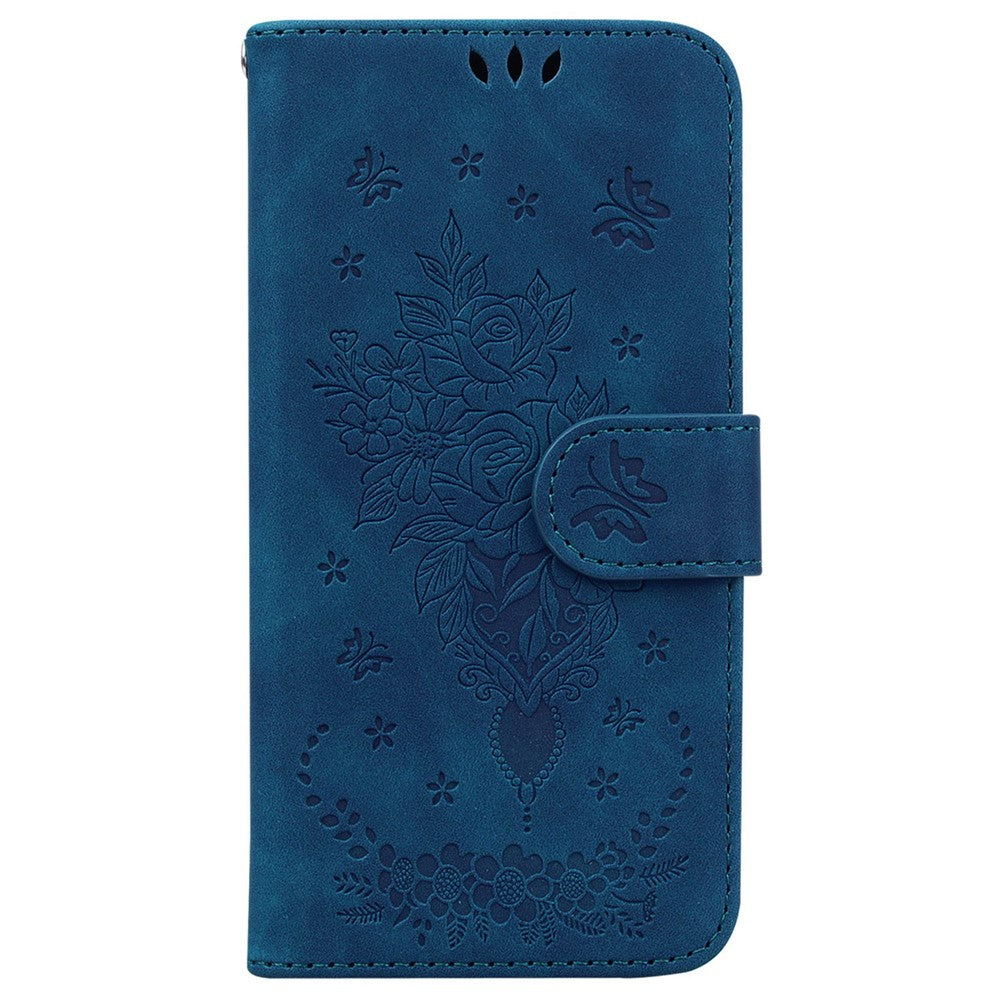 For Samsung Galaxy M33 5G (Global Version) Anti-scratch Phone Cover Imprinting Roses Butterflies Pattern Shockproof Leather Phone Case Wallet Stand - Blue