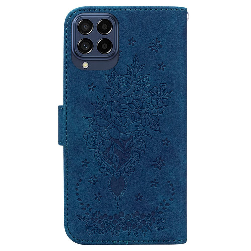 For Samsung Galaxy M33 5G (Global Version) Anti-scratch Phone Cover Imprinting Roses Butterflies Pattern Shockproof Leather Phone Case Wallet Stand - Blue