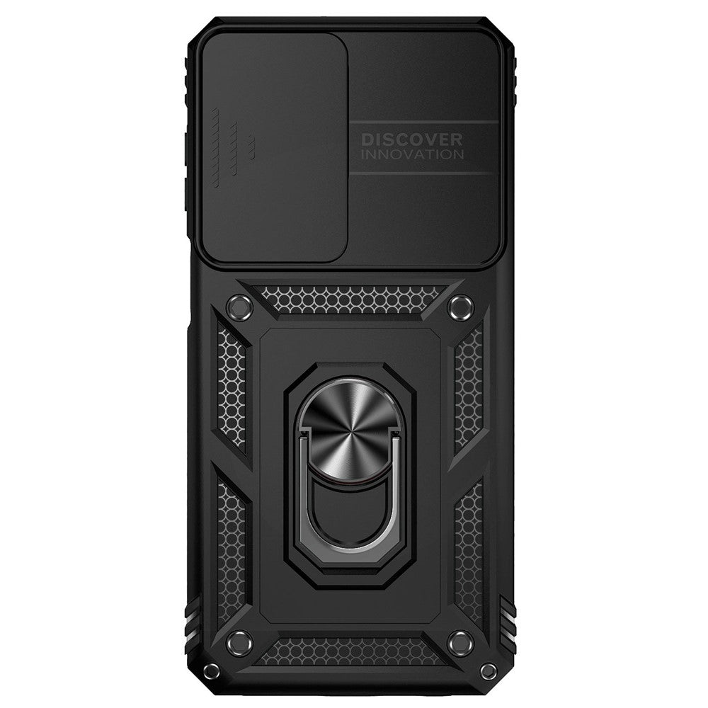 for Samsung Galaxy M33 5G (Global Version) Ring Kickstand Phone Case Anti-fall Protection Hard PC + TPU Shell with Slide Camera Protection Cover - Black