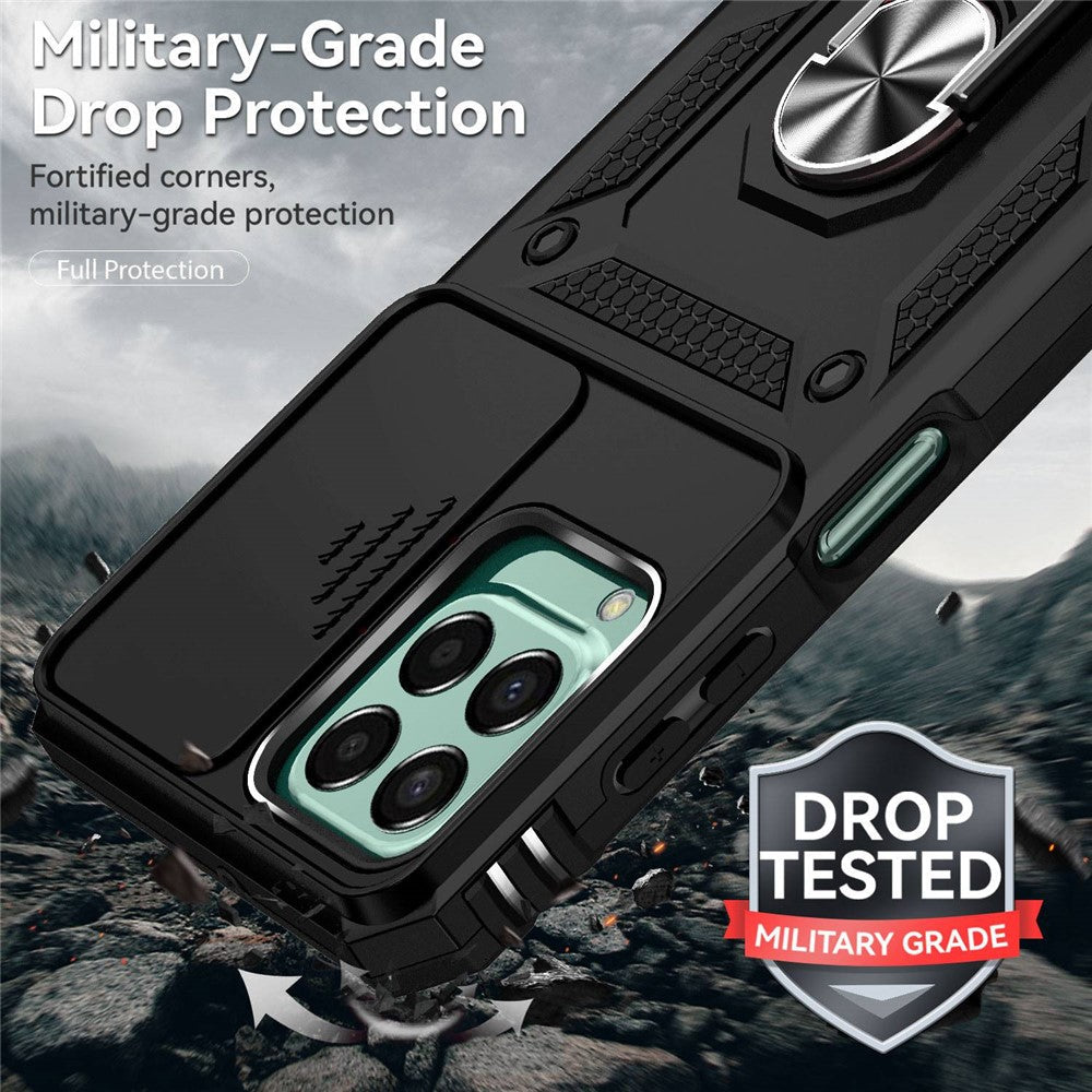 for Samsung Galaxy M33 5G (Global Version) Ring Kickstand Phone Case Anti-fall Protection Hard PC + TPU Shell with Slide Camera Protection Cover - Black