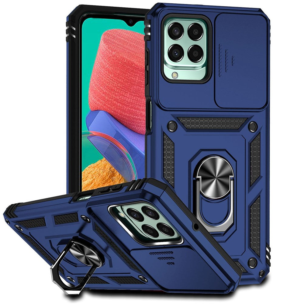 for Samsung Galaxy M33 5G (Global Version) Ring Kickstand Phone Case Anti-fall Protection Hard PC + TPU Shell with Slide Camera Protection Cover - Blue
