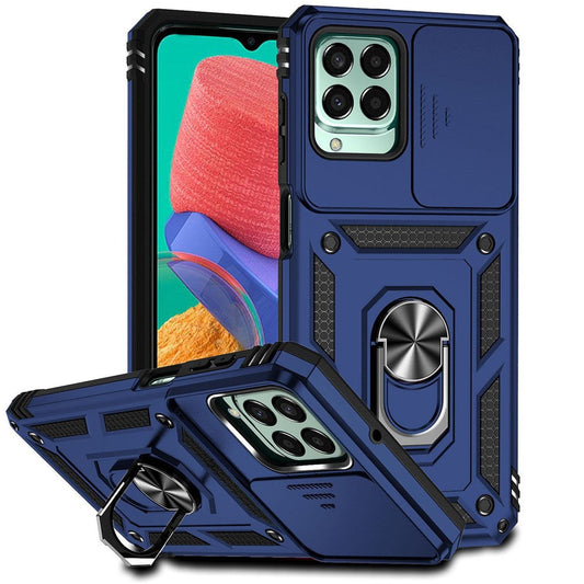 for Samsung Galaxy M33 5G (Global Version) Ring Kickstand Phone Case Anti-fall Protection Hard PC + TPU Shell with Slide Camera Protection Cover - Blue