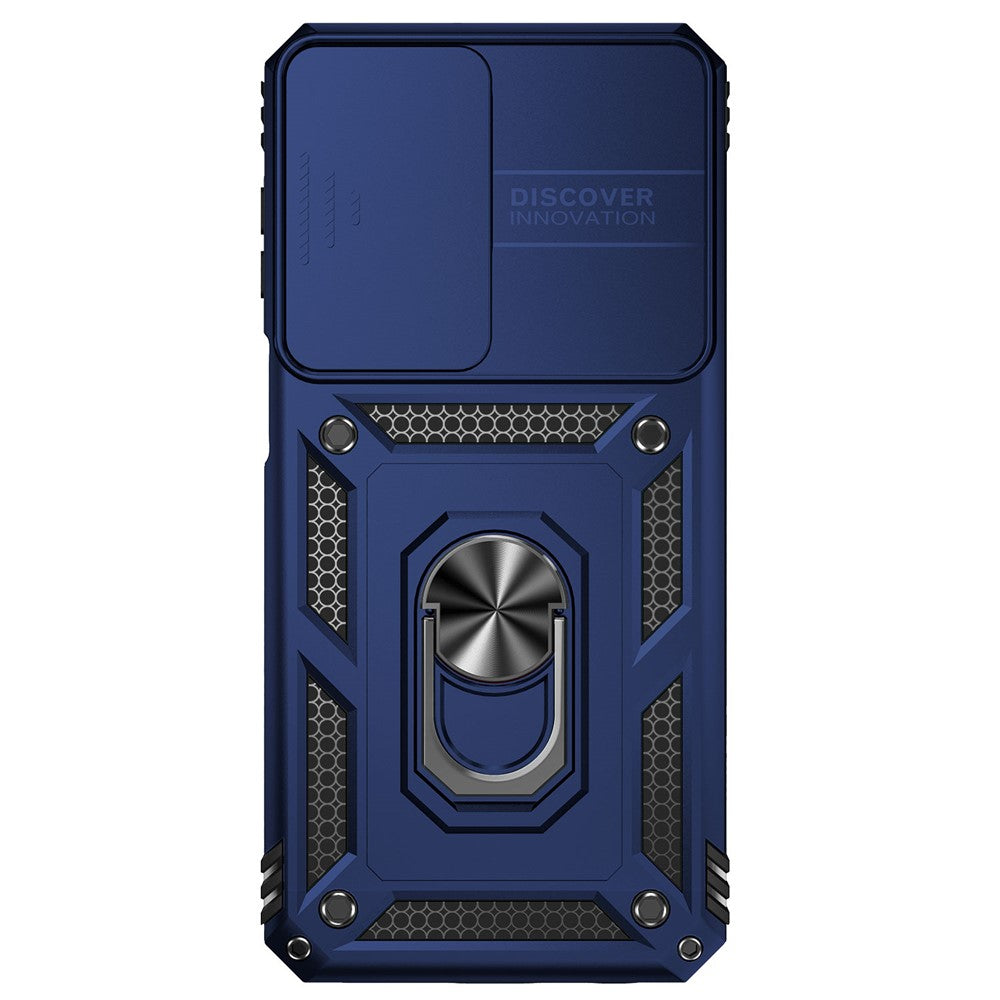 for Samsung Galaxy M33 5G (Global Version) Ring Kickstand Phone Case Anti-fall Protection Hard PC + TPU Shell with Slide Camera Protection Cover - Blue