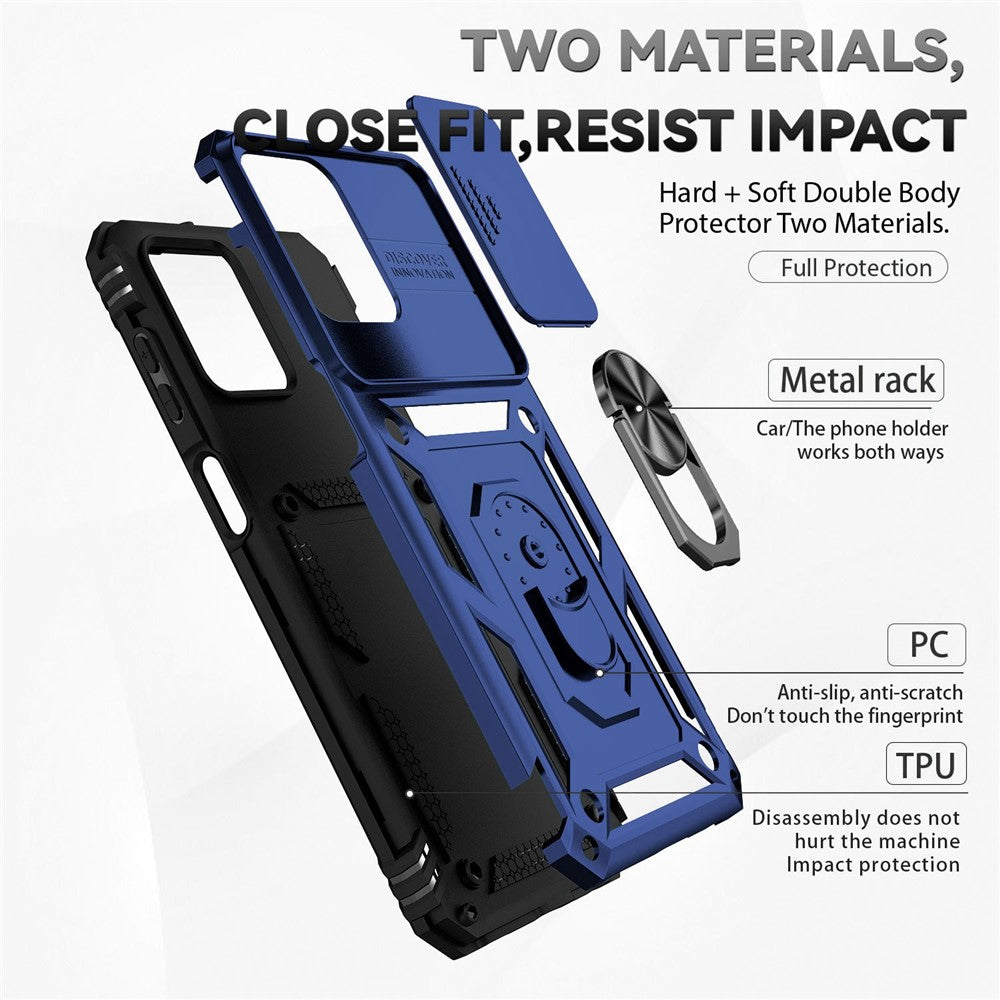 for Samsung Galaxy M33 5G (Global Version) Ring Kickstand Phone Case Anti-fall Protection Hard PC + TPU Shell with Slide Camera Protection Cover - Blue
