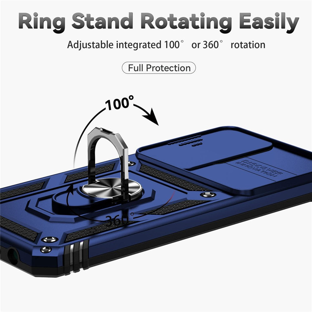 for Samsung Galaxy M33 5G (Global Version) Ring Kickstand Phone Case Anti-fall Protection Hard PC + TPU Shell with Slide Camera Protection Cover - Blue