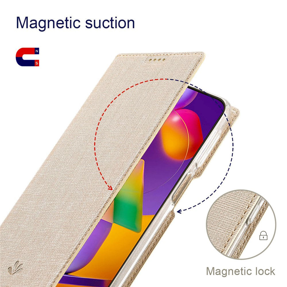 VILI DMX Series for Samsung Galaxy M33 5G (Global Version) Stand Phone Case PU Leather Phone Shell Hands-free Anti-drop Cover with Card Holder - Khaki