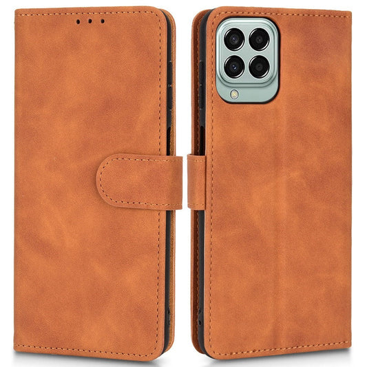 For Samsung Galaxy M33 5G (Global Version) PU Leather Wallet Case Stand Magnetic Closure Skin-touch Feeling Shockproof Flip Cover - Brown