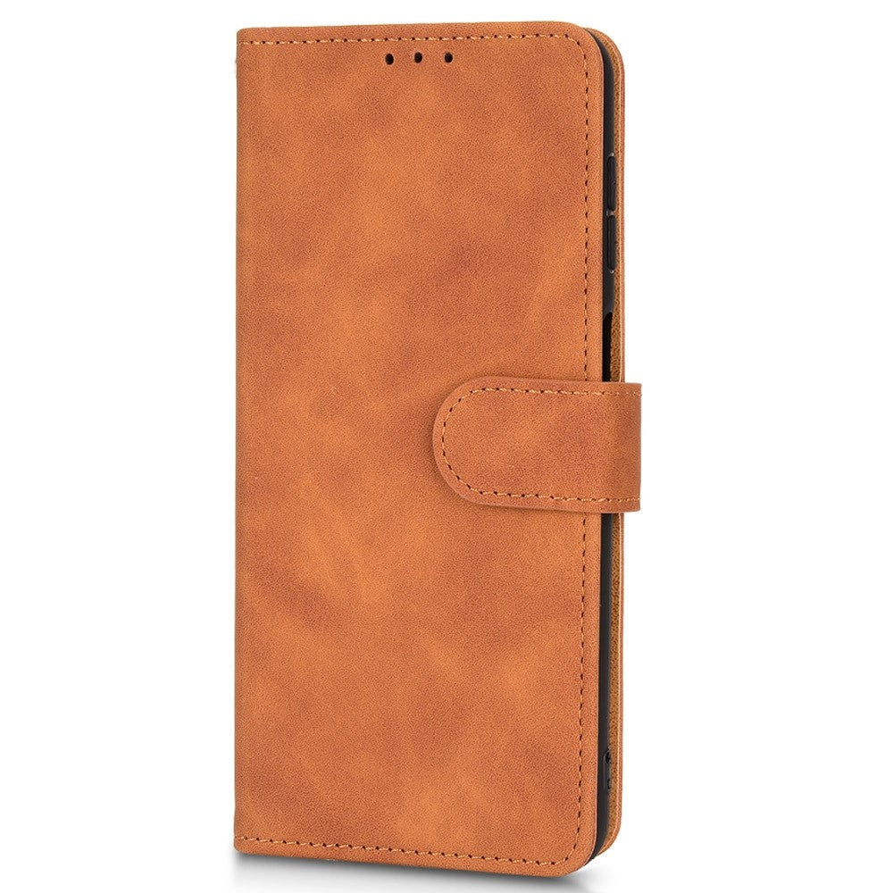 For Samsung Galaxy M33 5G (Global Version) PU Leather Wallet Case Stand Magnetic Closure Skin-touch Feeling Shockproof Flip Cover - Brown