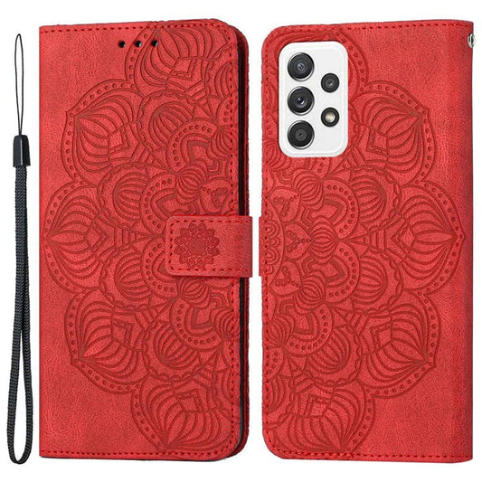 For Samsung Galaxy A52 5G/4G/A52s 5G Magnetic Clasp PU Leather Stand Mandala Flower Imprinted Phone Case Shockproof Mobile Phone Wallet Cover - Red