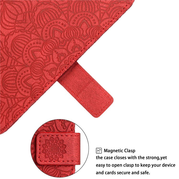 For Samsung Galaxy A52 5G/4G/A52s 5G Magnetic Clasp PU Leather Stand Mandala Flower Imprinted Phone Case Shockproof Mobile Phone Wallet Cover - Red