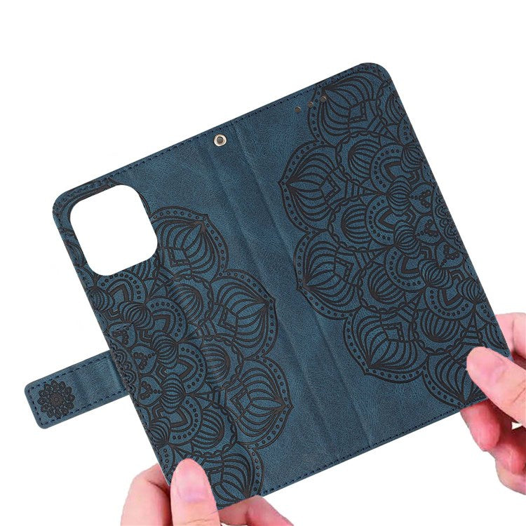 For Samsung Galaxy S22 5G Stand Wallet Phone Case PU Leather Imprinting Mandala Flower Protective Cover - Blue