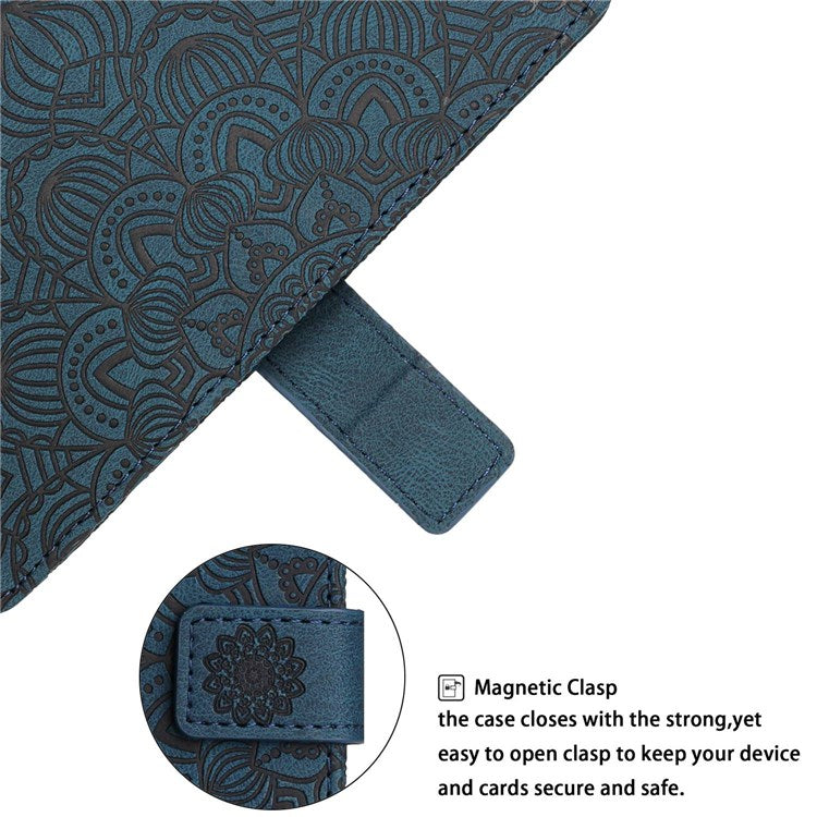 For Samsung Galaxy S22 5G Stand Wallet Phone Case PU Leather Imprinting Mandala Flower Protective Cover - Blue