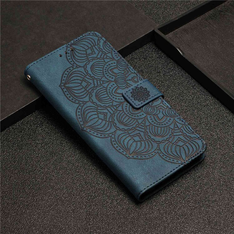 For Samsung Galaxy S22 5G Stand Wallet Phone Case PU Leather Imprinting Mandala Flower Protective Cover - Blue