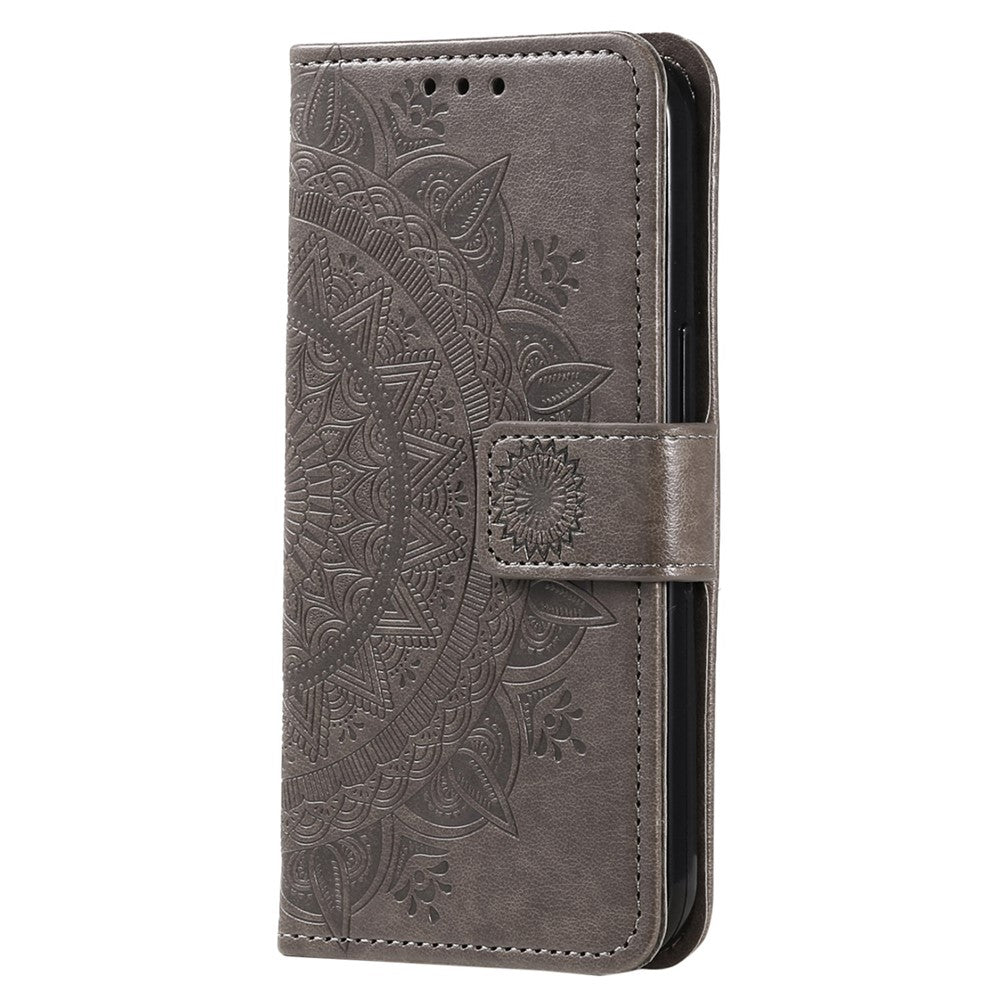 For Samsung Galaxy M13 4G Scratch Resistant Folio Stand Cover Mandala Flower Pattern Imprinted PU Leather Wallet Flip Case with Wrist Strap - Grey