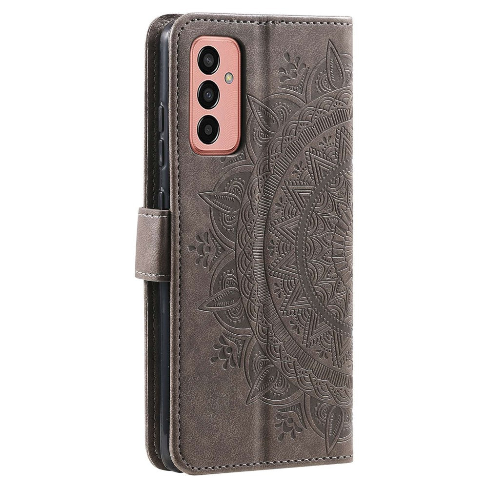 For Samsung Galaxy M13 4G Scratch Resistant Folio Stand Cover Mandala Flower Pattern Imprinted PU Leather Wallet Flip Case with Wrist Strap - Grey
