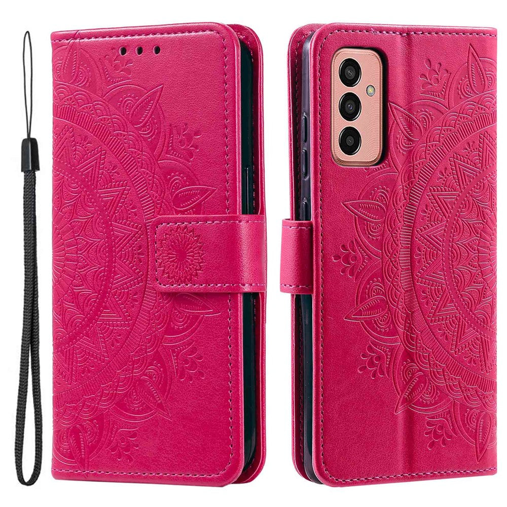 For Samsung Galaxy M13 4G Scratch Resistant Folio Stand Cover Mandala Flower Pattern Imprinted PU Leather Wallet Flip Case with Wrist Strap - Rose