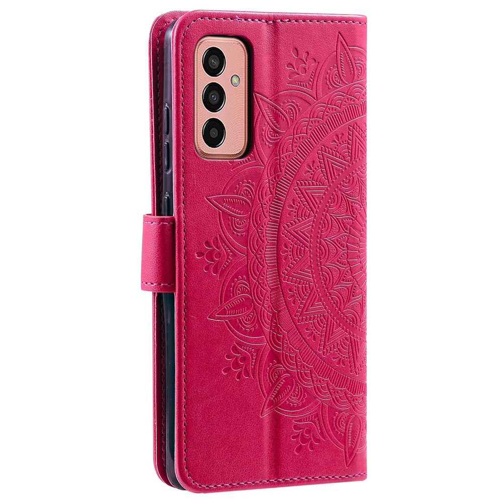For Samsung Galaxy M13 4G Scratch Resistant Folio Stand Cover Mandala Flower Pattern Imprinted PU Leather Wallet Flip Case with Wrist Strap - Rose