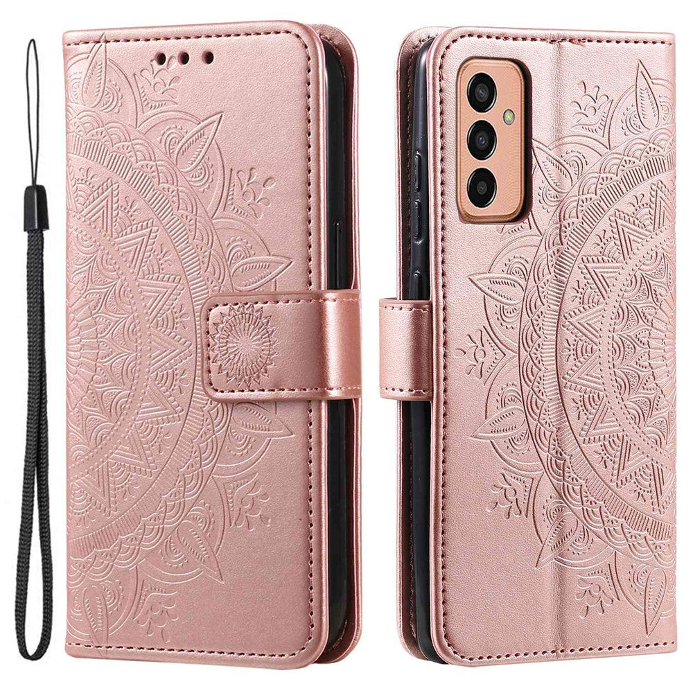 For Samsung Galaxy M13 4G Scratch Resistant Folio Stand Cover Mandala Flower Pattern Imprinted PU Leather Wallet Flip Case with Wrist Strap - Rose Gold