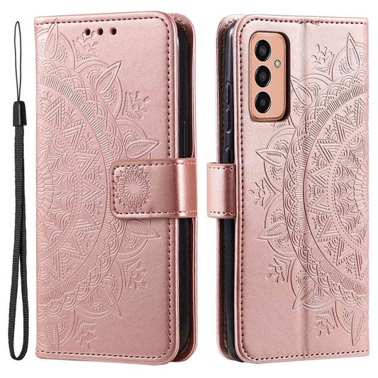 For Samsung Galaxy M13 4G Scratch Resistant Folio Stand Cover Mandala Flower Pattern Imprinted PU Leather Wallet Flip Case with Wrist Strap - Rose Gold