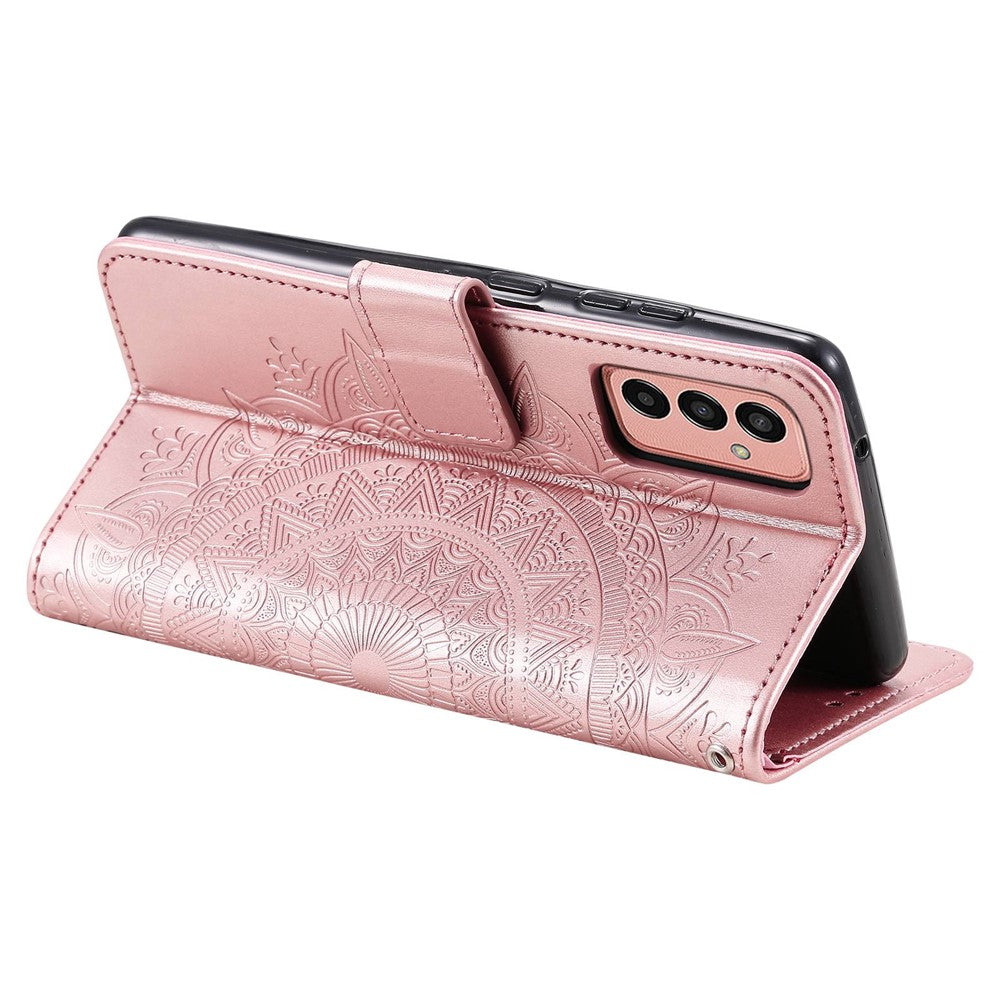 For Samsung Galaxy M13 4G Scratch Resistant Folio Stand Cover Mandala Flower Pattern Imprinted PU Leather Wallet Flip Case with Wrist Strap - Rose Gold
