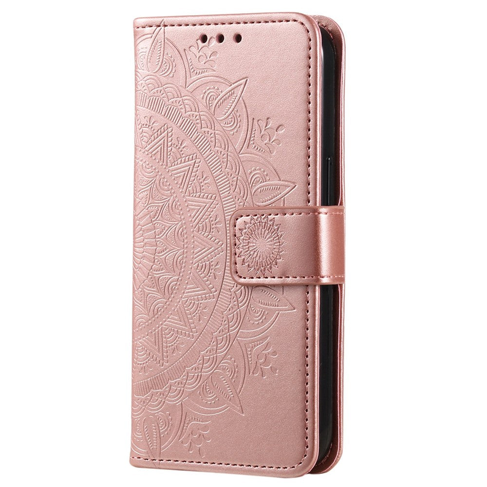 For Samsung Galaxy M13 4G Scratch Resistant Folio Stand Cover Mandala Flower Pattern Imprinted PU Leather Wallet Flip Case with Wrist Strap - Rose Gold
