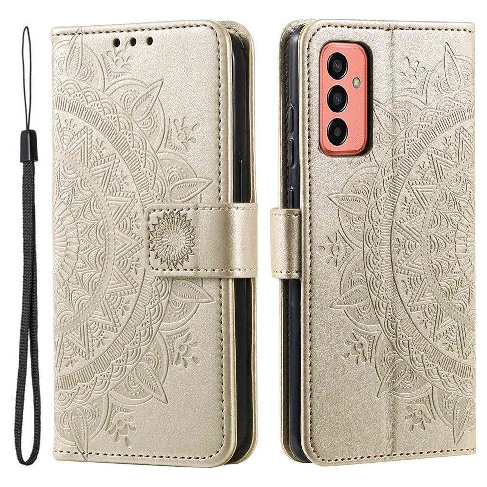 For Samsung Galaxy M13 4G Scratch Resistant Folio Stand Cover Mandala Flower Pattern Imprinted PU Leather Wallet Flip Case with Wrist Strap - Gold