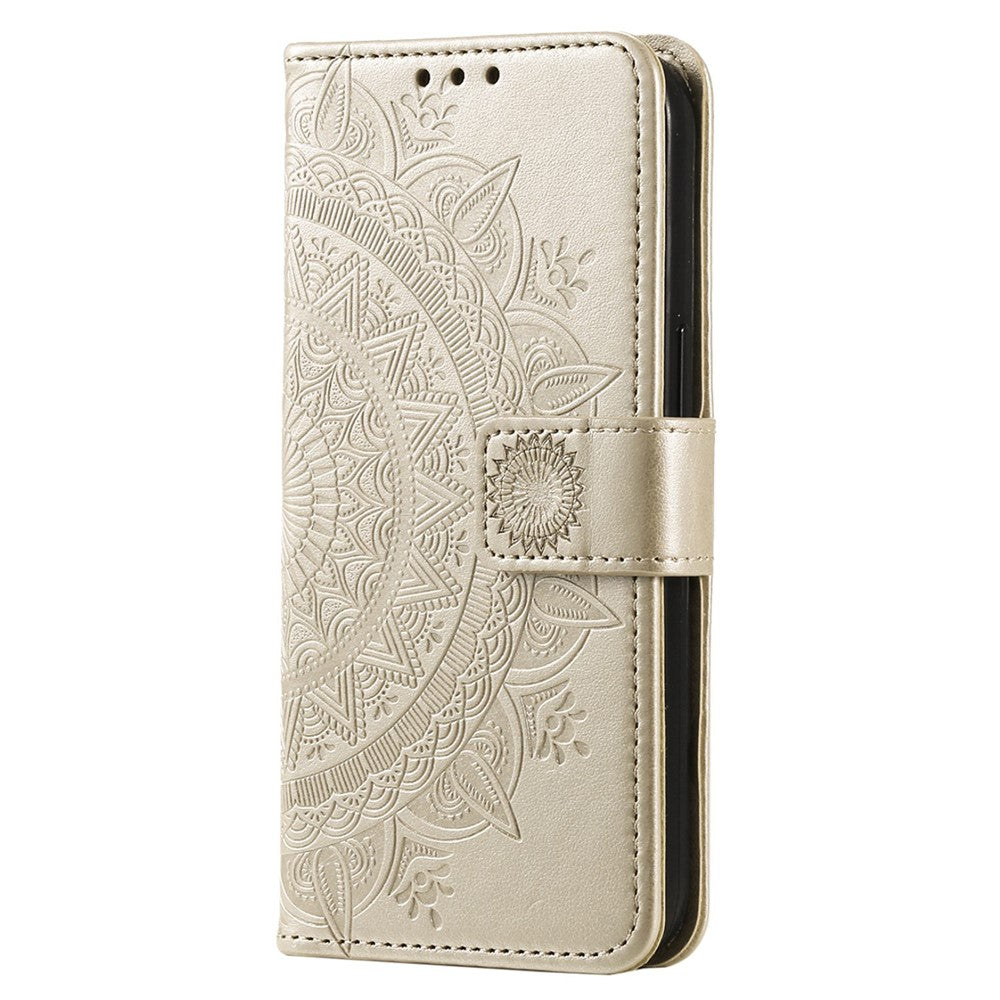 For Samsung Galaxy M13 4G Scratch Resistant Folio Stand Cover Mandala Flower Pattern Imprinted PU Leather Wallet Flip Case with Wrist Strap - Gold