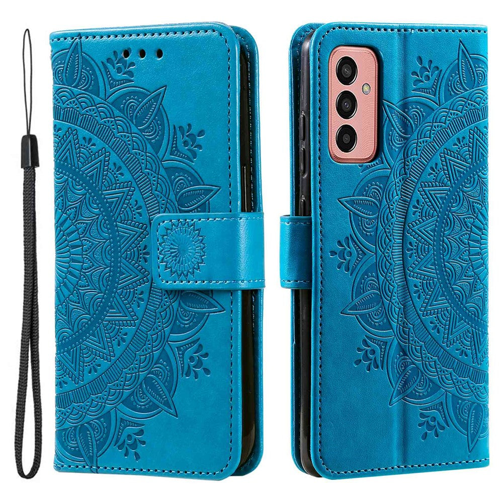 For Samsung Galaxy M13 4G Scratch Resistant Folio Stand Cover Mandala Flower Pattern Imprinted PU Leather Wallet Flip Case with Wrist Strap - Blue