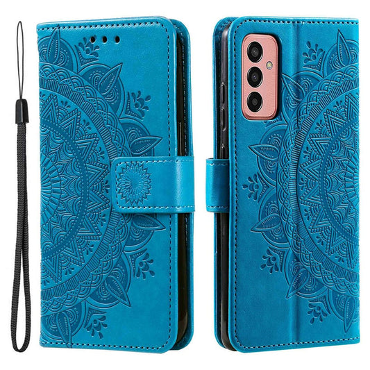 For Samsung Galaxy M13 4G Scratch Resistant Folio Stand Cover Mandala Flower Pattern Imprinted PU Leather Wallet Flip Case with Wrist Strap - Blue