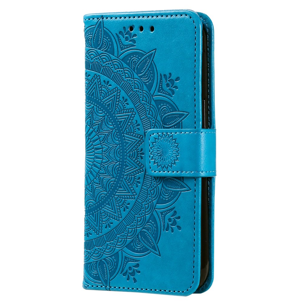 For Samsung Galaxy M13 4G Scratch Resistant Folio Stand Cover Mandala Flower Pattern Imprinted PU Leather Wallet Flip Case with Wrist Strap - Blue
