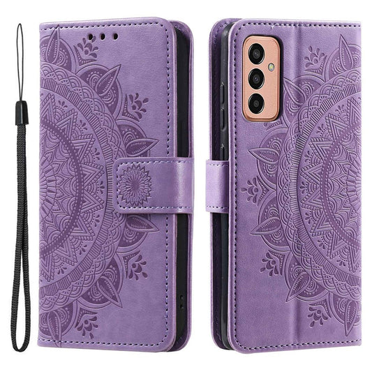 For Samsung Galaxy M13 4G Scratch Resistant Folio Stand Cover Mandala Flower Pattern Imprinted PU Leather Wallet Flip Case with Wrist Strap - Purple