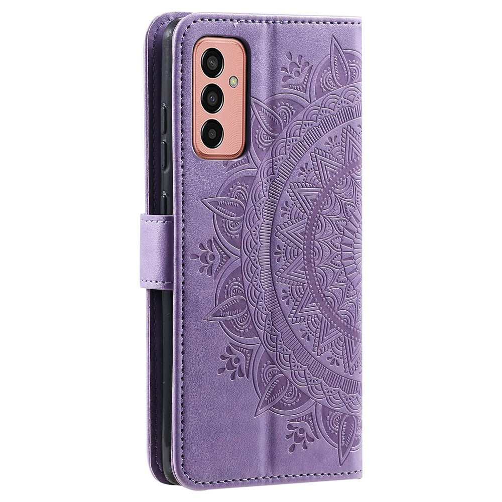 For Samsung Galaxy M13 4G Scratch Resistant Folio Stand Cover Mandala Flower Pattern Imprinted PU Leather Wallet Flip Case with Wrist Strap - Purple