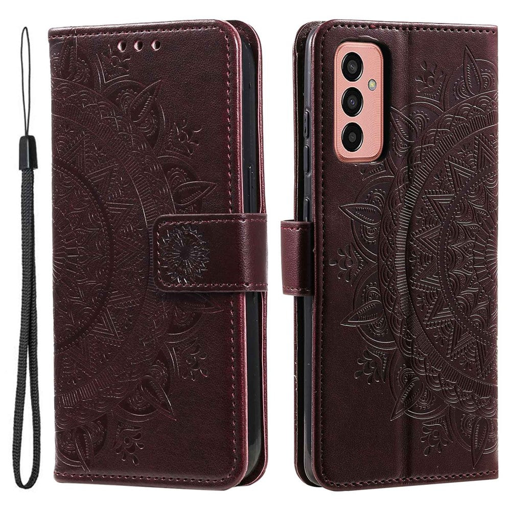 For Samsung Galaxy M13 4G Scratch Resistant Folio Stand Cover Mandala Flower Pattern Imprinted PU Leather Wallet Flip Case with Wrist Strap - Brown