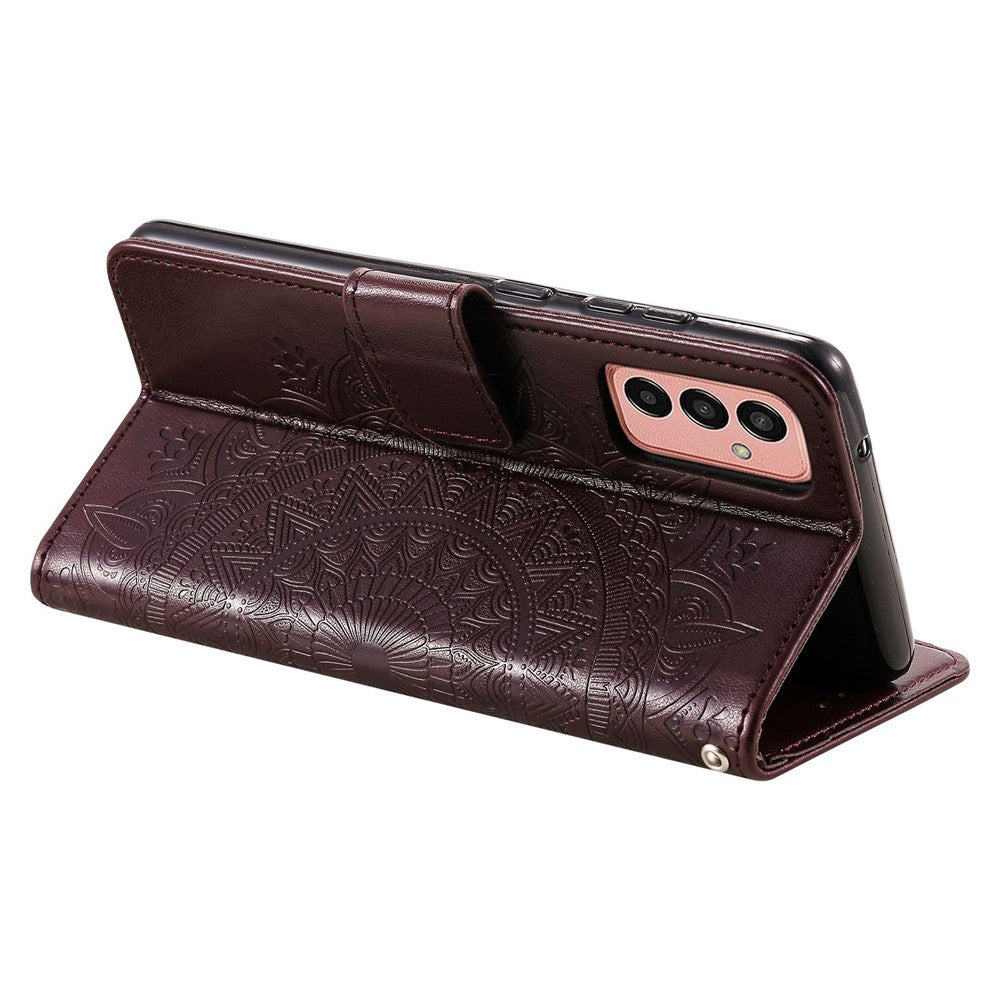 For Samsung Galaxy M13 4G Scratch Resistant Folio Stand Cover Mandala Flower Pattern Imprinted PU Leather Wallet Flip Case with Wrist Strap - Brown