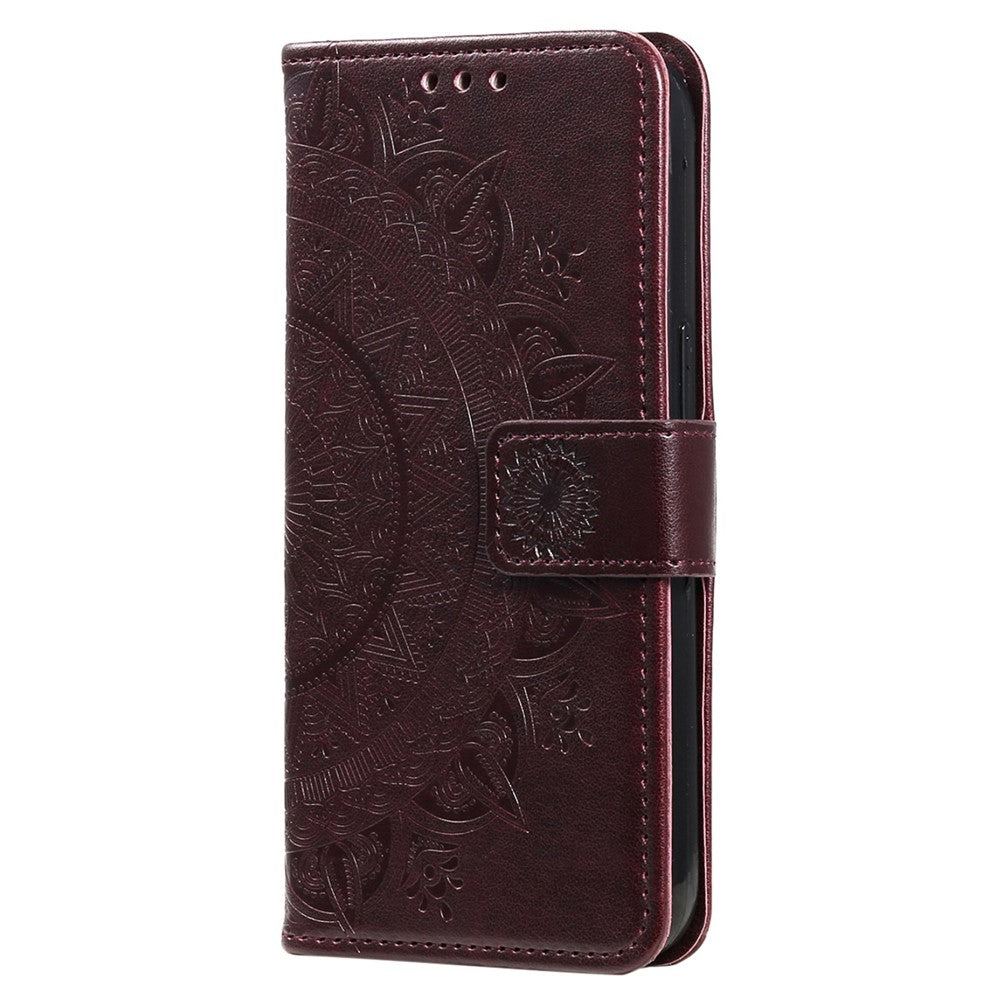 For Samsung Galaxy M13 4G Scratch Resistant Folio Stand Cover Mandala Flower Pattern Imprinted PU Leather Wallet Flip Case with Wrist Strap - Brown