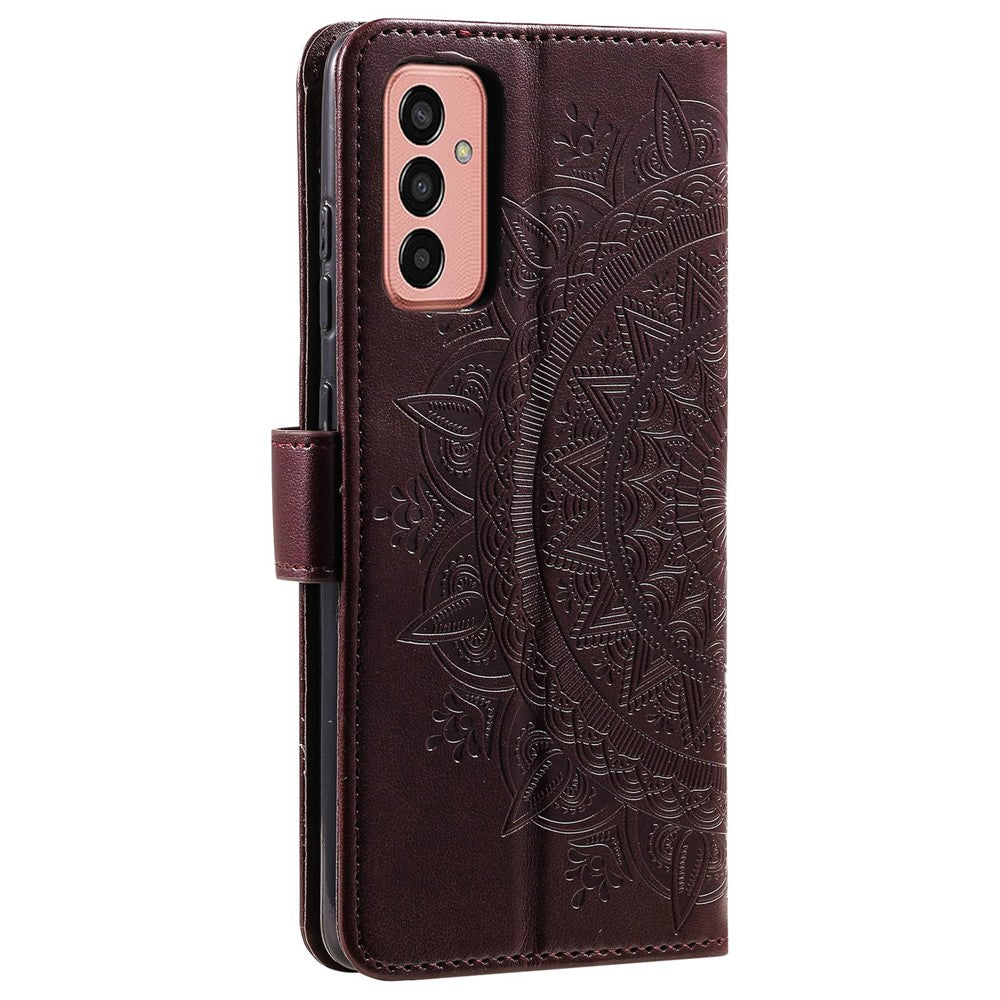 For Samsung Galaxy M13 4G Scratch Resistant Folio Stand Cover Mandala Flower Pattern Imprinted PU Leather Wallet Flip Case with Wrist Strap - Brown