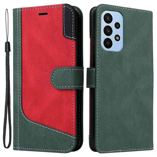 For Samsung Galaxy A23 5G (Global Version) / 4G Mobile Phone Bag Shell PU Leather Wallet Stand Three-color Splicing Style Phone Protection Case - Green