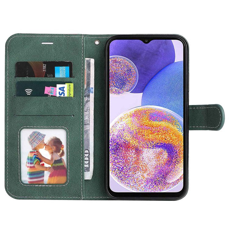 For Samsung Galaxy A23 5G (Global Version) / 4G Mobile Phone Bag Shell PU Leather Wallet Stand Three-color Splicing Style Phone Protection Case - Green