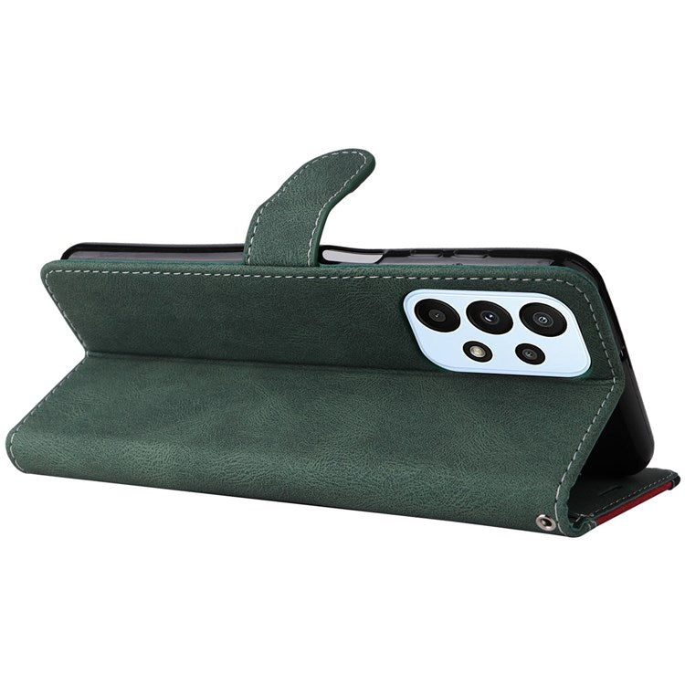 For Samsung Galaxy A23 5G (Global Version) / 4G Mobile Phone Bag Shell PU Leather Wallet Stand Three-color Splicing Style Phone Protection Case - Green