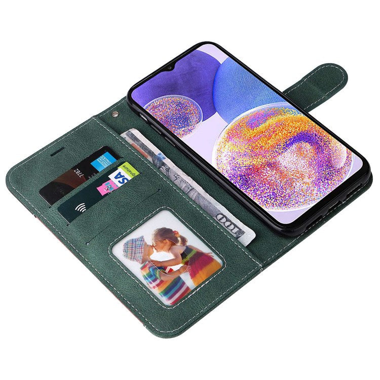 For Samsung Galaxy A23 5G (Global Version) / 4G Mobile Phone Bag Shell PU Leather Wallet Stand Three-color Splicing Style Phone Protection Case - Green