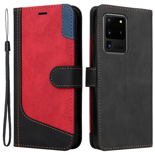 For Samsung Galaxy S20 Ultra 4G/5G Lightweight Phone Shell PU Leather Anti-scratch Wallet Stand Three-color Splicing Style Phone Protection Case - Black