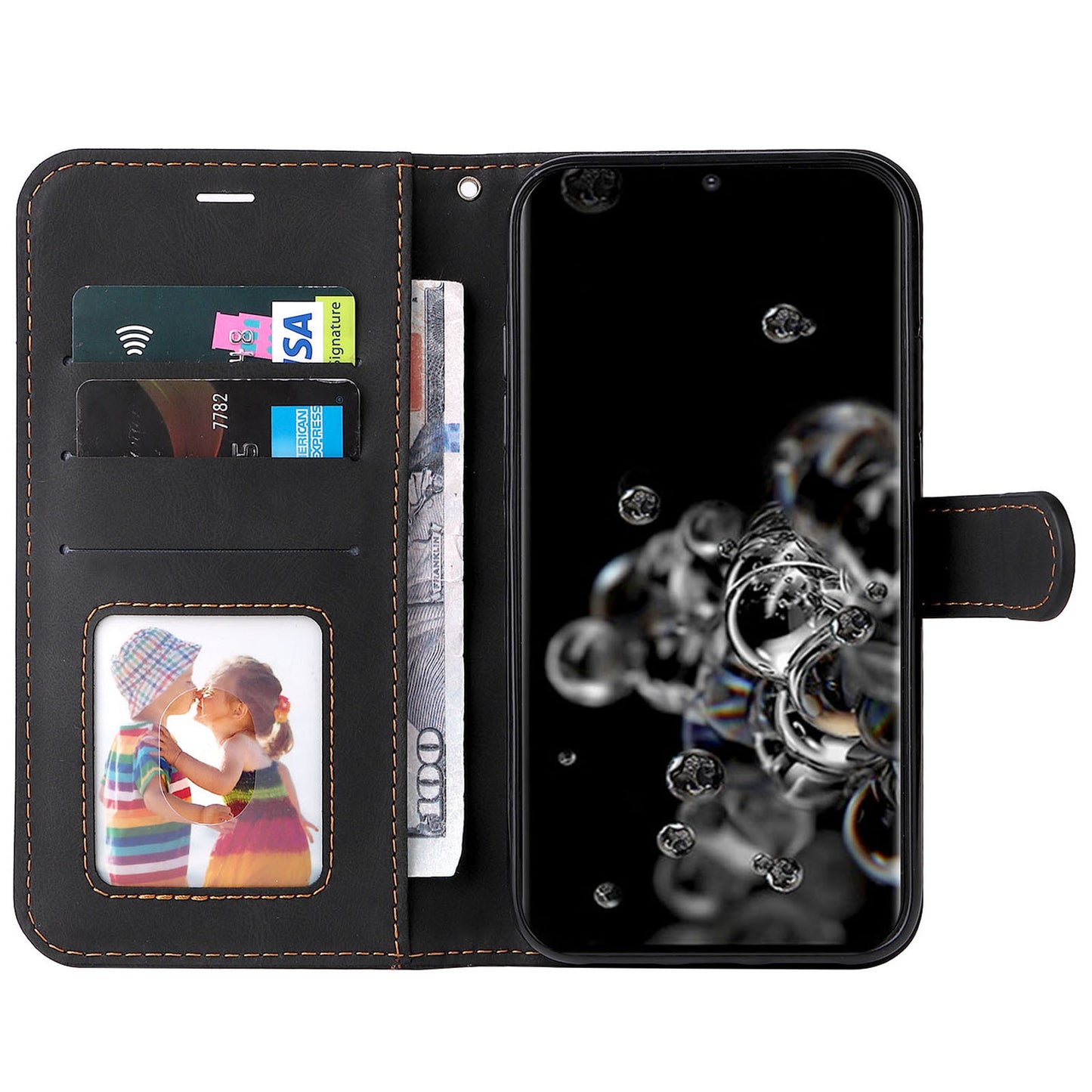For Samsung Galaxy S20 Ultra 4G/5G Lightweight Phone Shell PU Leather Anti-scratch Wallet Stand Three-color Splicing Style Phone Protection Case - Black