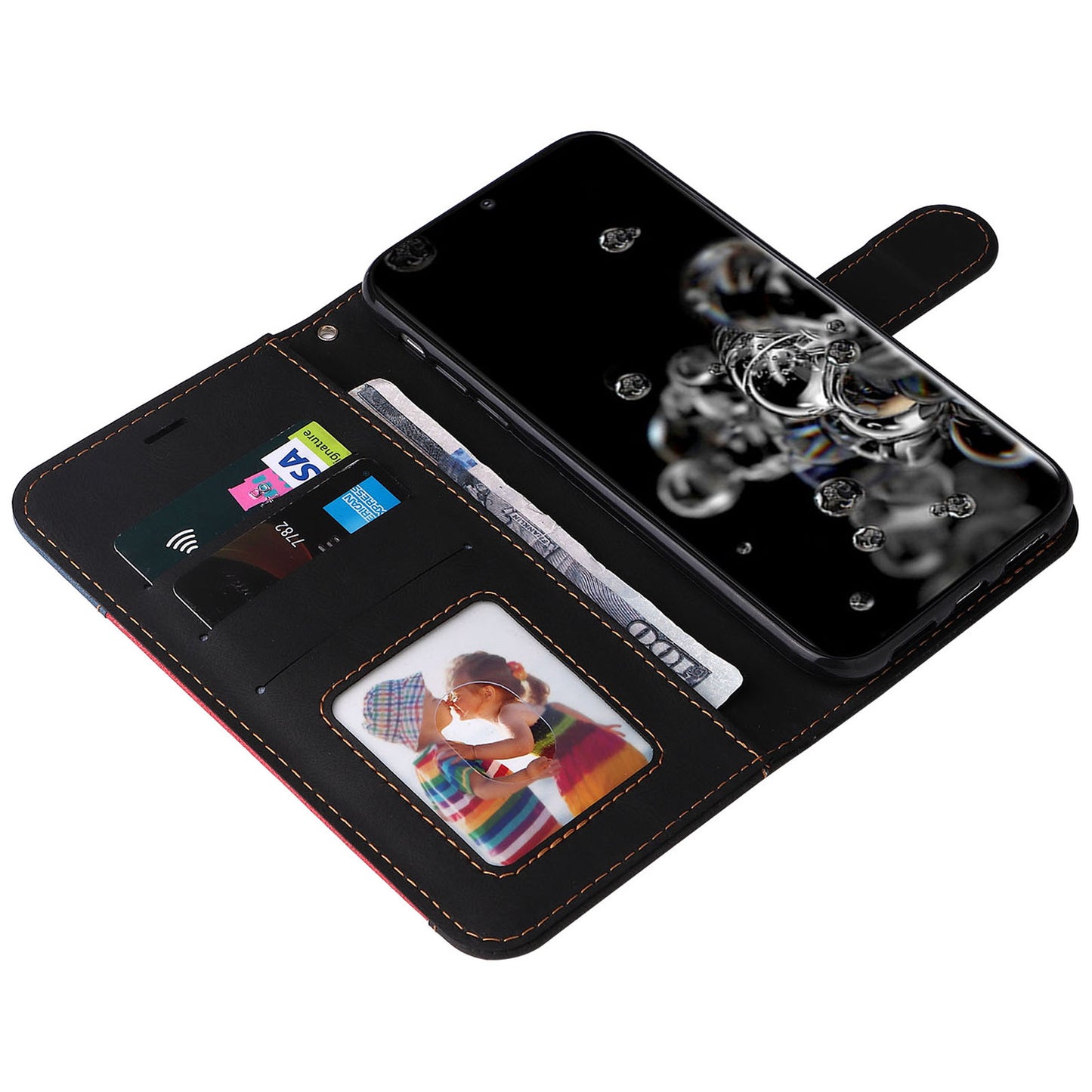 For Samsung Galaxy S20 Ultra 4G/5G Lightweight Phone Shell PU Leather Anti-scratch Wallet Stand Three-color Splicing Style Phone Protection Case - Black