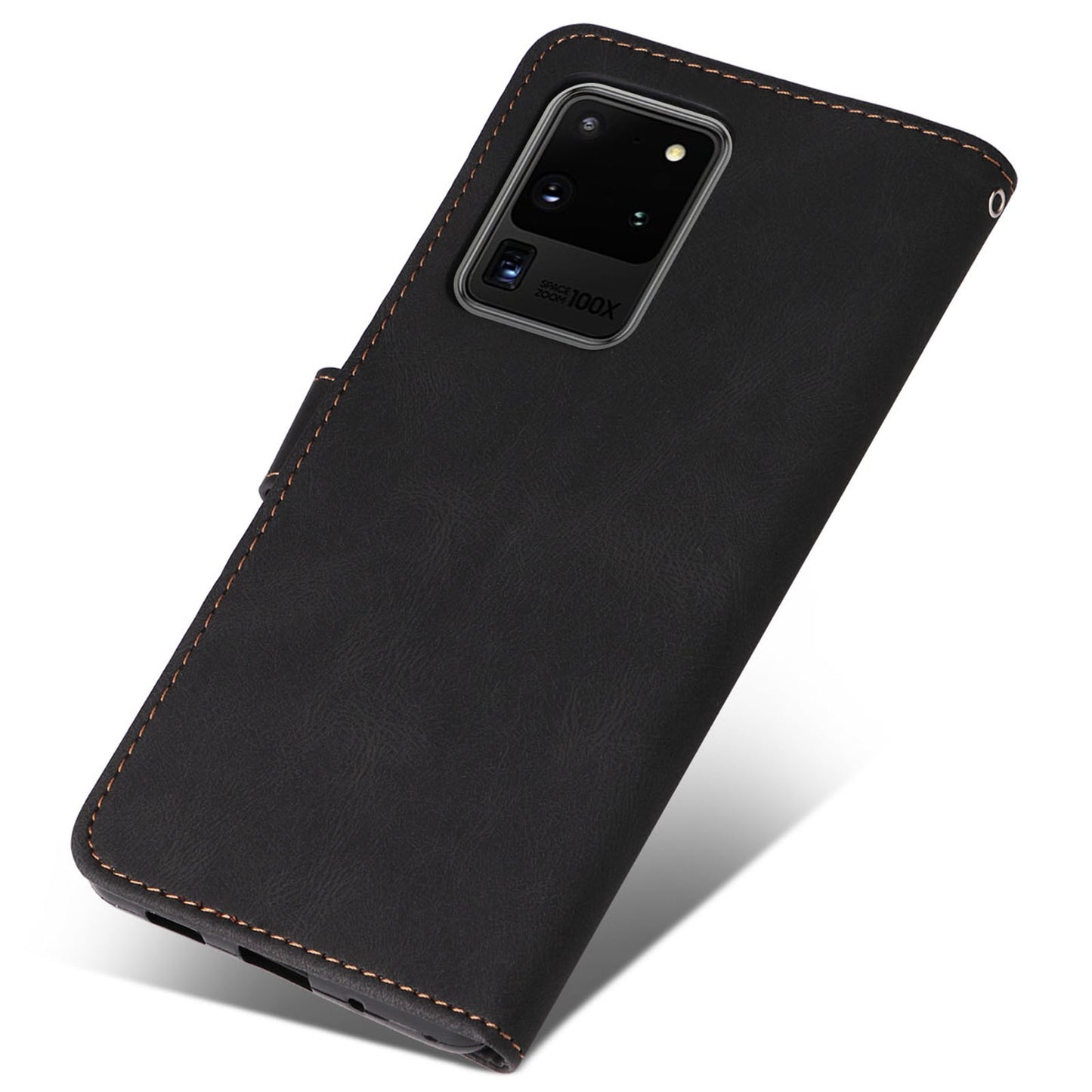 For Samsung Galaxy S20 Ultra 4G/5G Lightweight Phone Shell PU Leather Anti-scratch Wallet Stand Three-color Splicing Style Phone Protection Case - Black